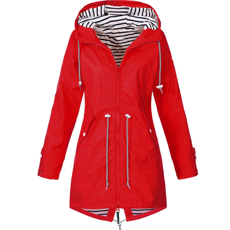 Women's Hooded Rain Jacket Drawstring Waist - Red