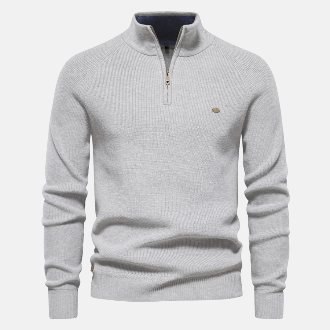 Men's ribbed half-zip jumper with stand collar and long sleeves
