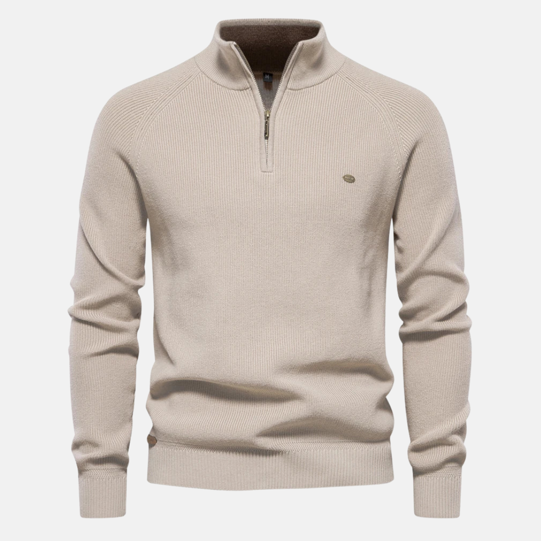 Men's ribbed half-zip jumper with stand collar and long sleeves