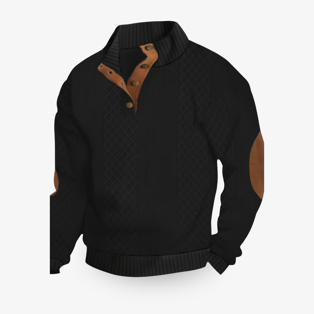 Men's cable knit jumper with mock neck, button placket and elbow patches