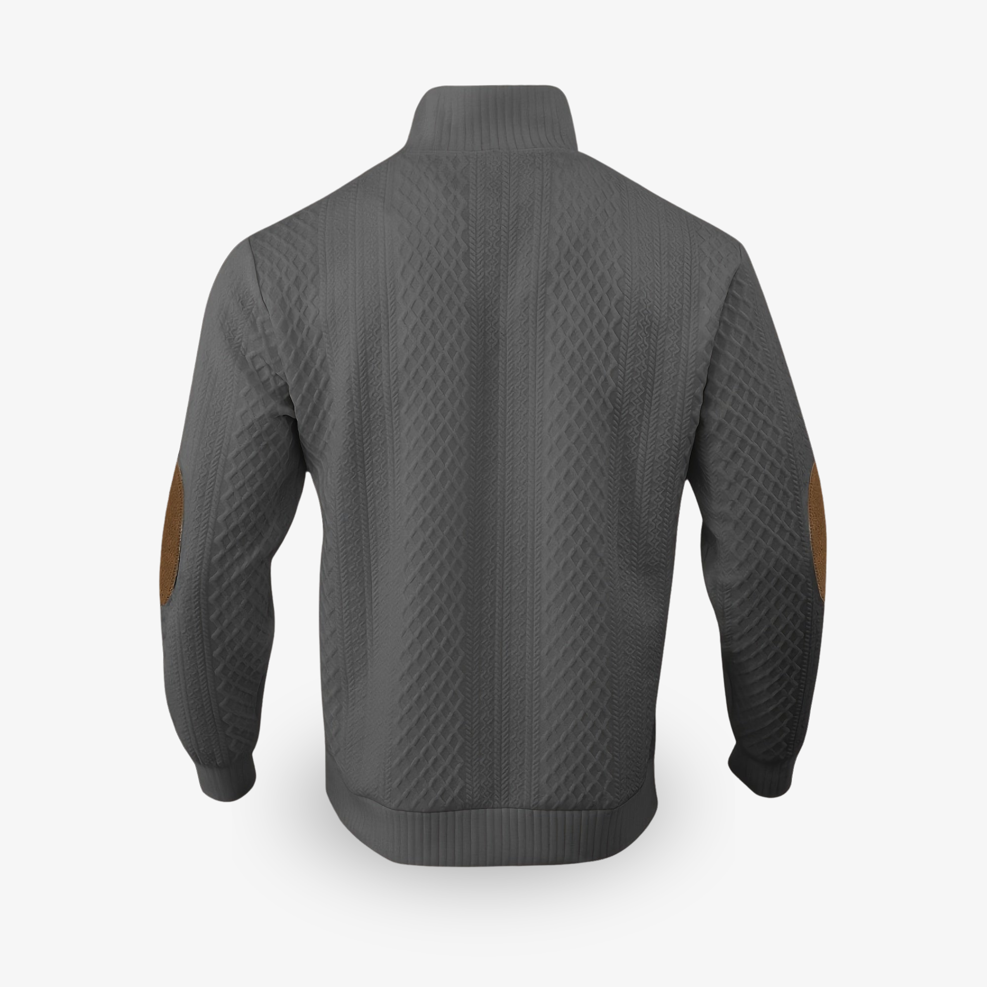 Men's cable knit jumper with mock neck, button placket and elbow patches