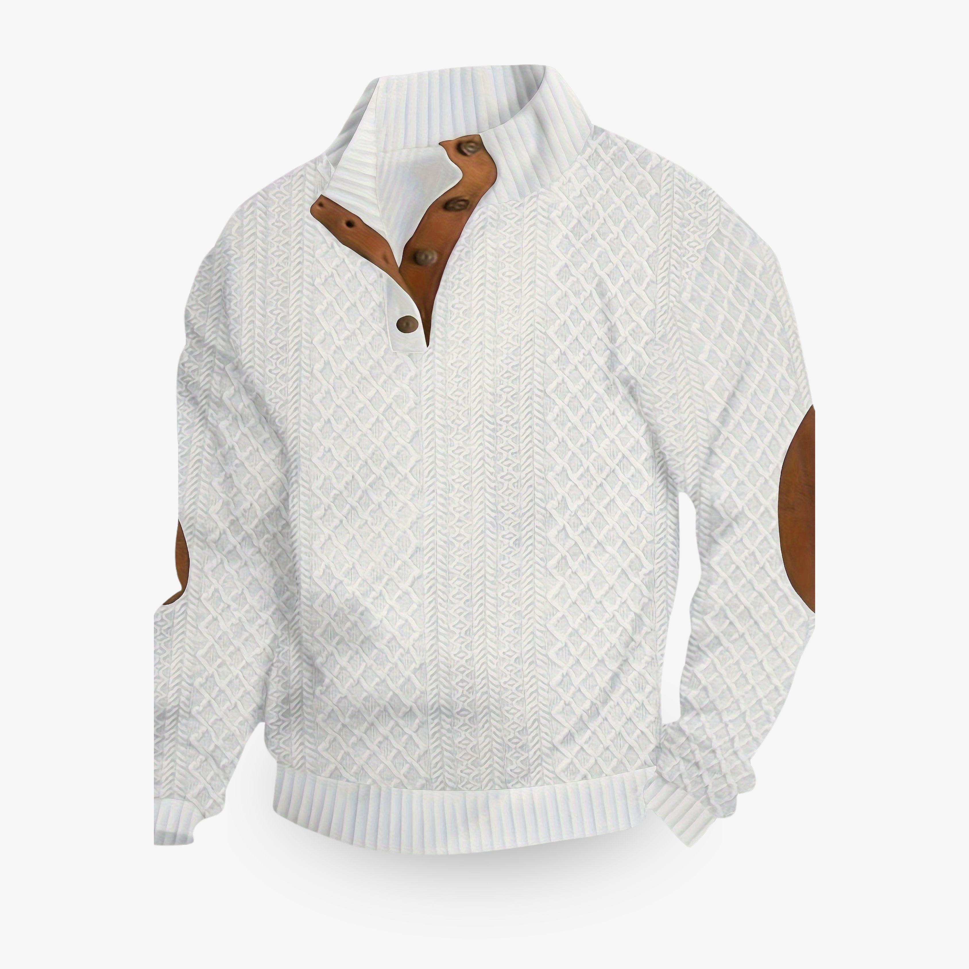 Men's cable knit jumper with mock neck, button placket and elbow patches