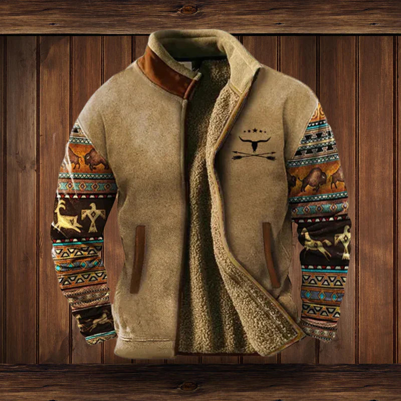 Men's jacket with patterned long sleeves, stand collar, zip front and contrasting lining