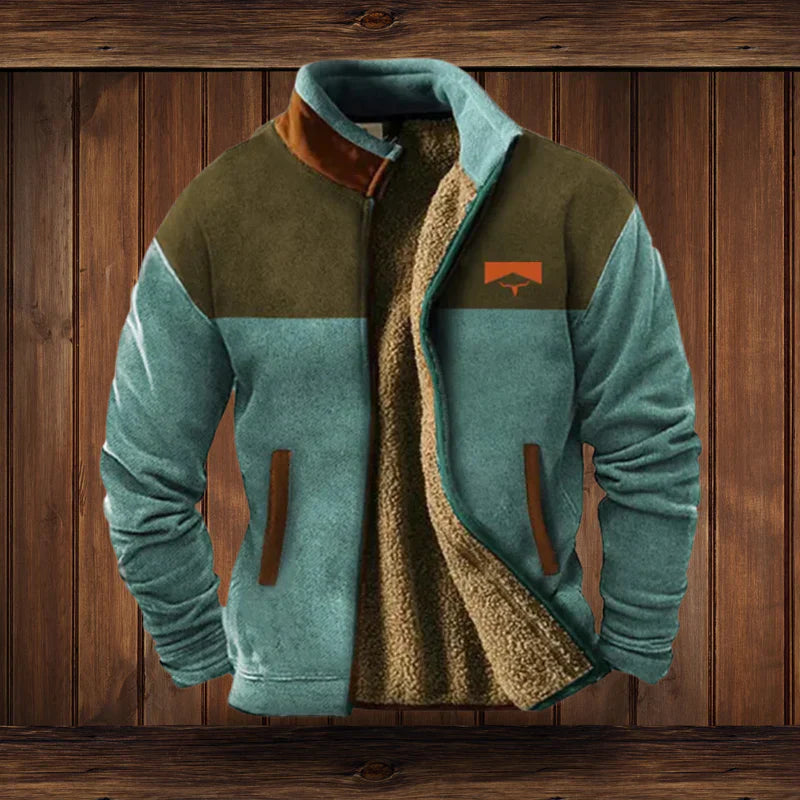 Men's jacket with patterned long sleeves, stand collar, zip front and contrasting lining