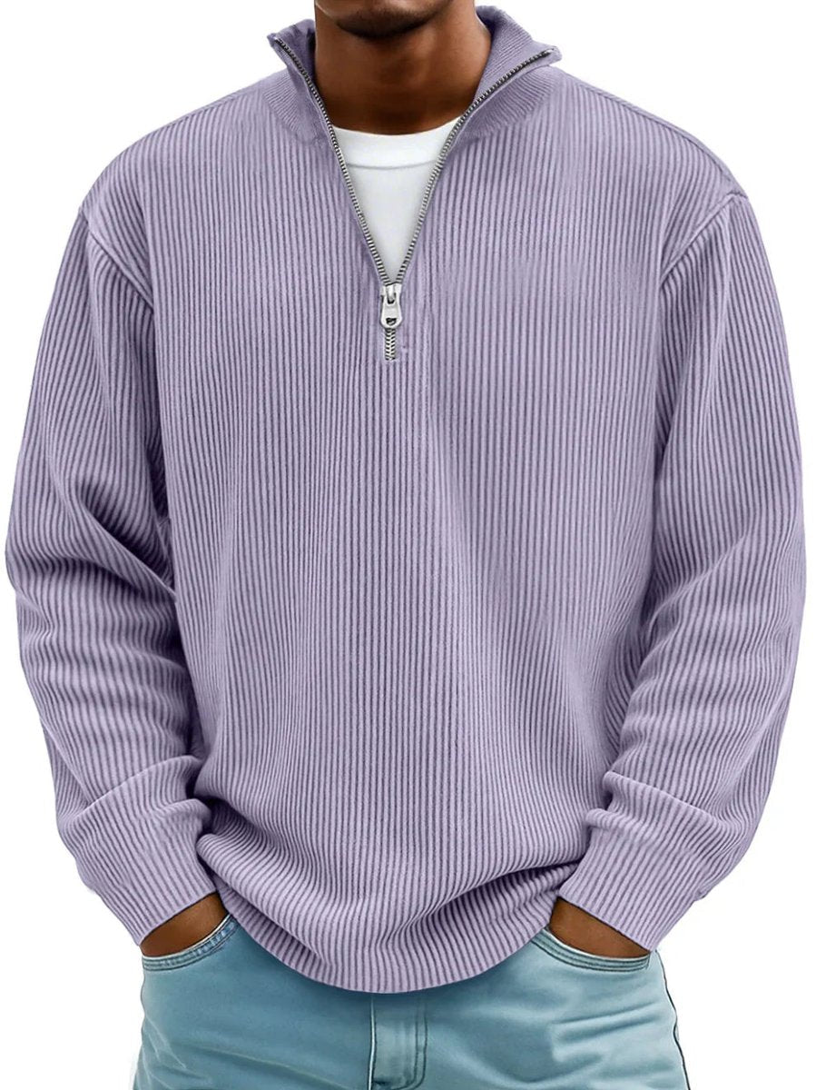 Men's ribbed quarter-zip jumper with stand collar and long sleeves