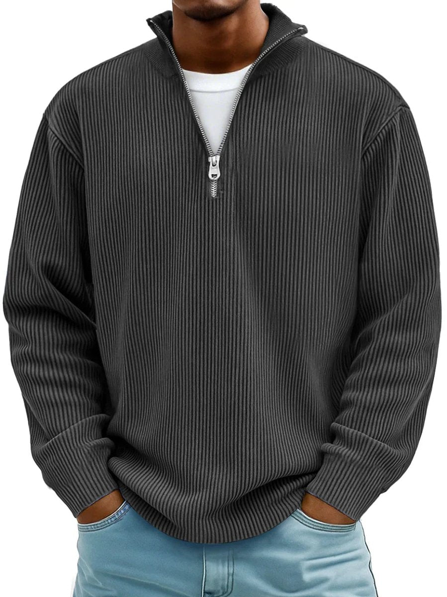 Men's ribbed quarter-zip jumper with stand collar and long sleeves
