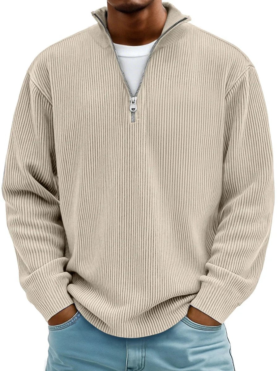 Men's ribbed quarter-zip jumper with stand collar and long sleeves