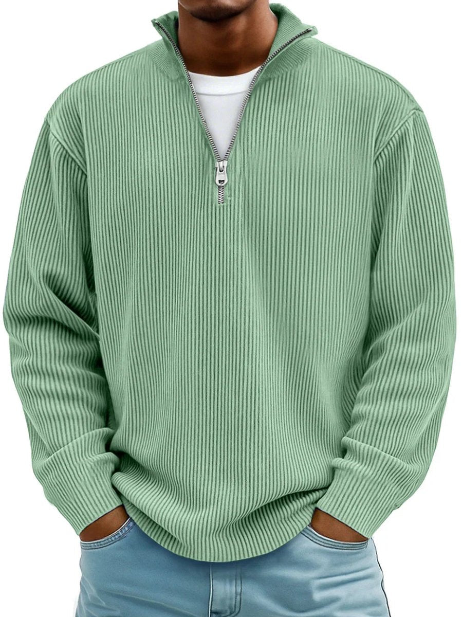 Men's ribbed quarter-zip jumper with stand collar and long sleeves