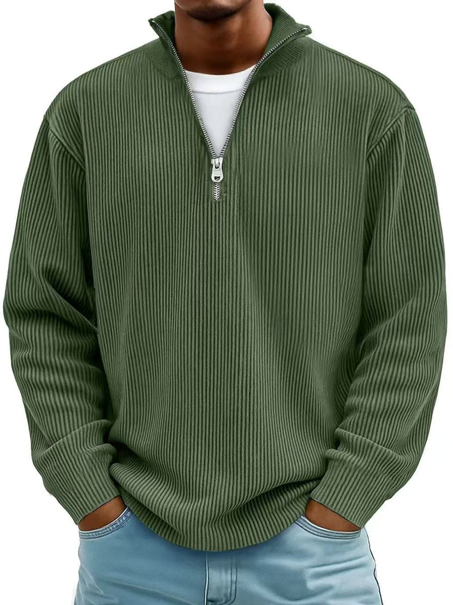 Men's ribbed quarter-zip jumper with stand collar and long sleeves