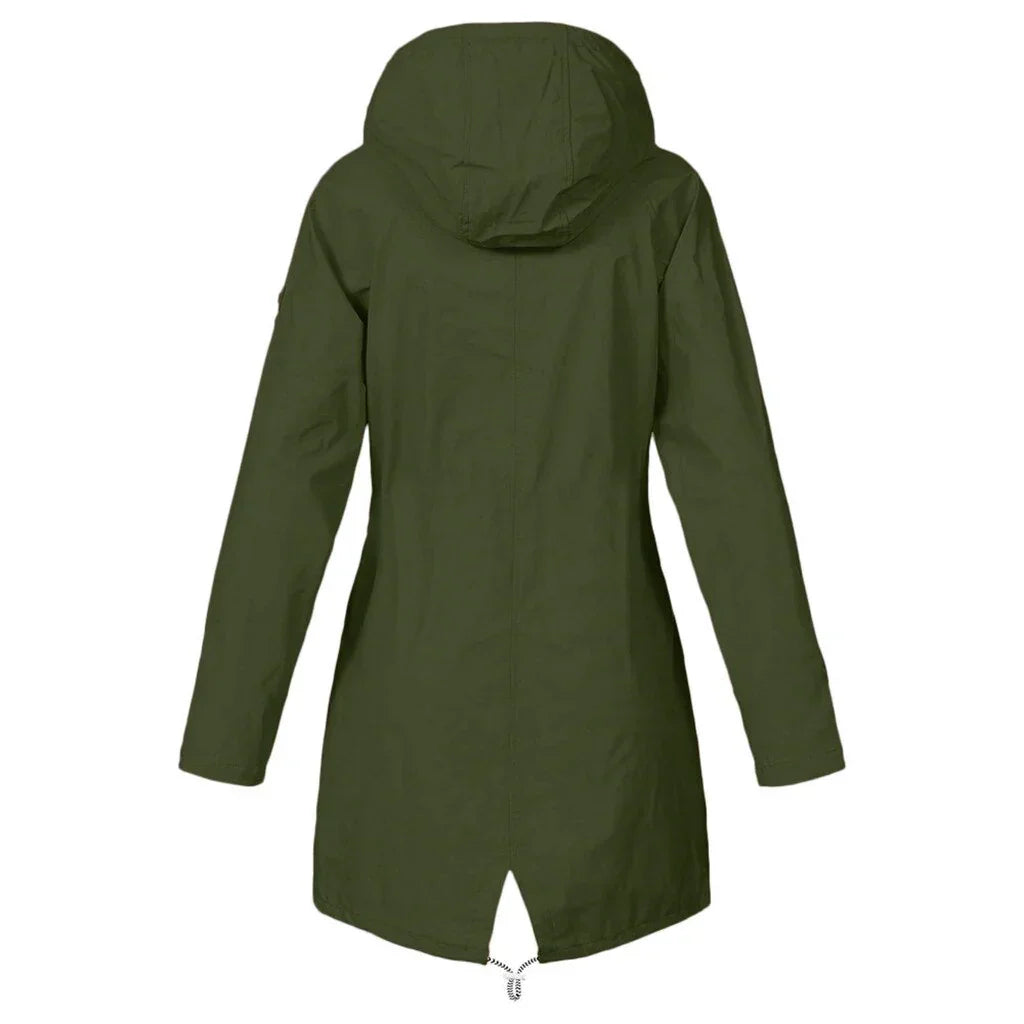 Women's hooded long-sleeve trench coat with zip front and flap pockets