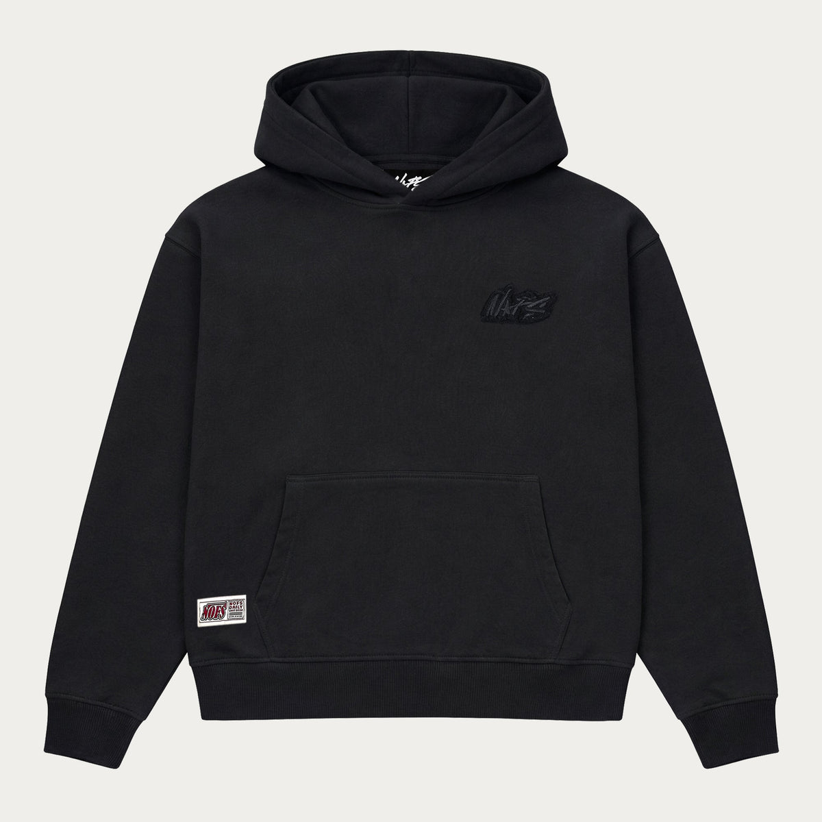 Black hooded sweatshirt with long sleeves, chest logo and front kangaroo pocket