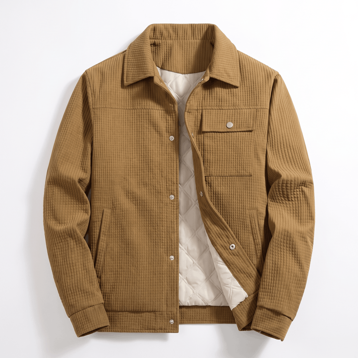 Men's quilted corduroy jacket with snap front, turn-down collar and pockets