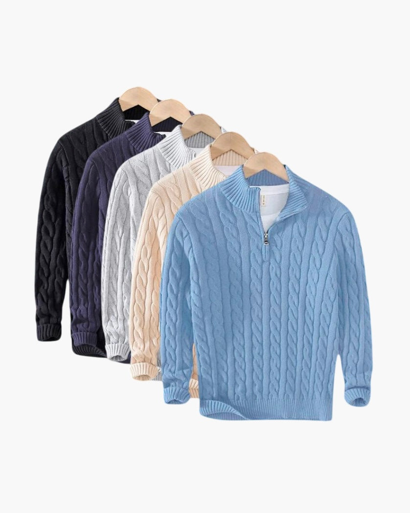 Men's cable knit quarter-zip sweaters in five colours