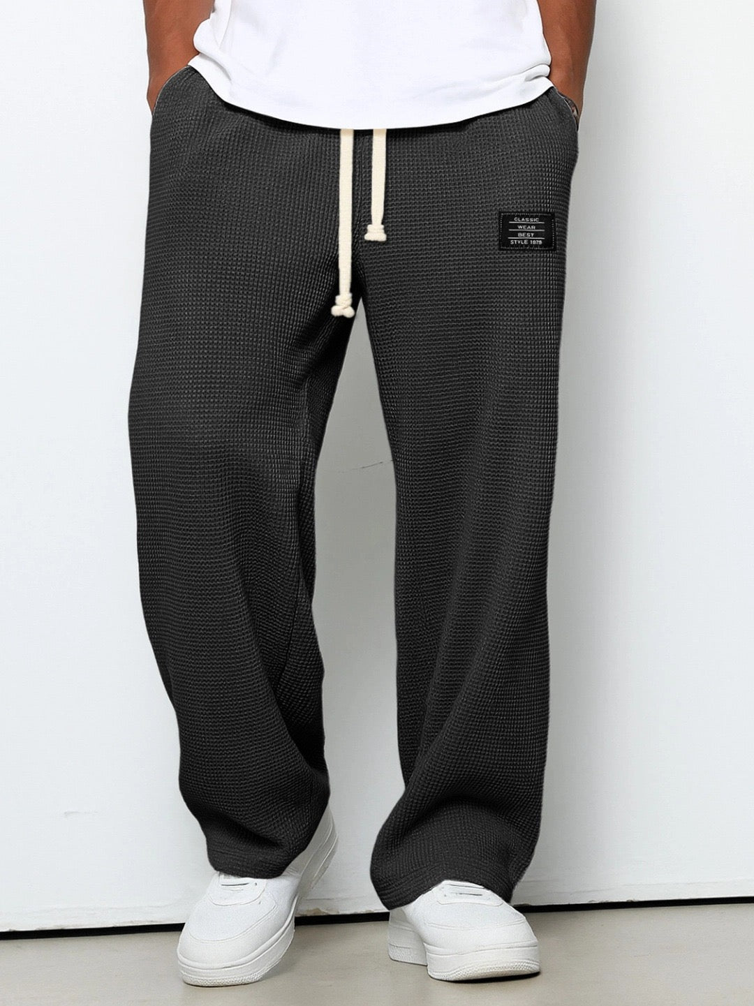 Men's Trousers Waffle Knit Relaxed Drawstring - Black
