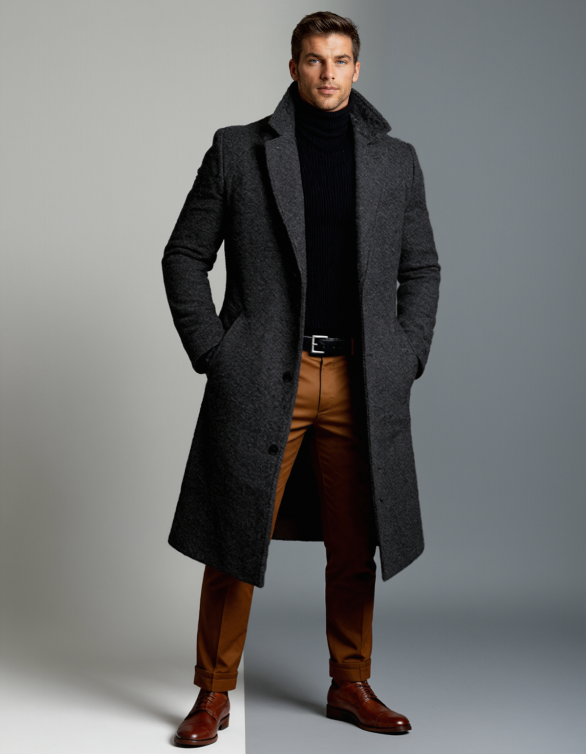Men's long button-front overcoat with notched lapels and side pockets
