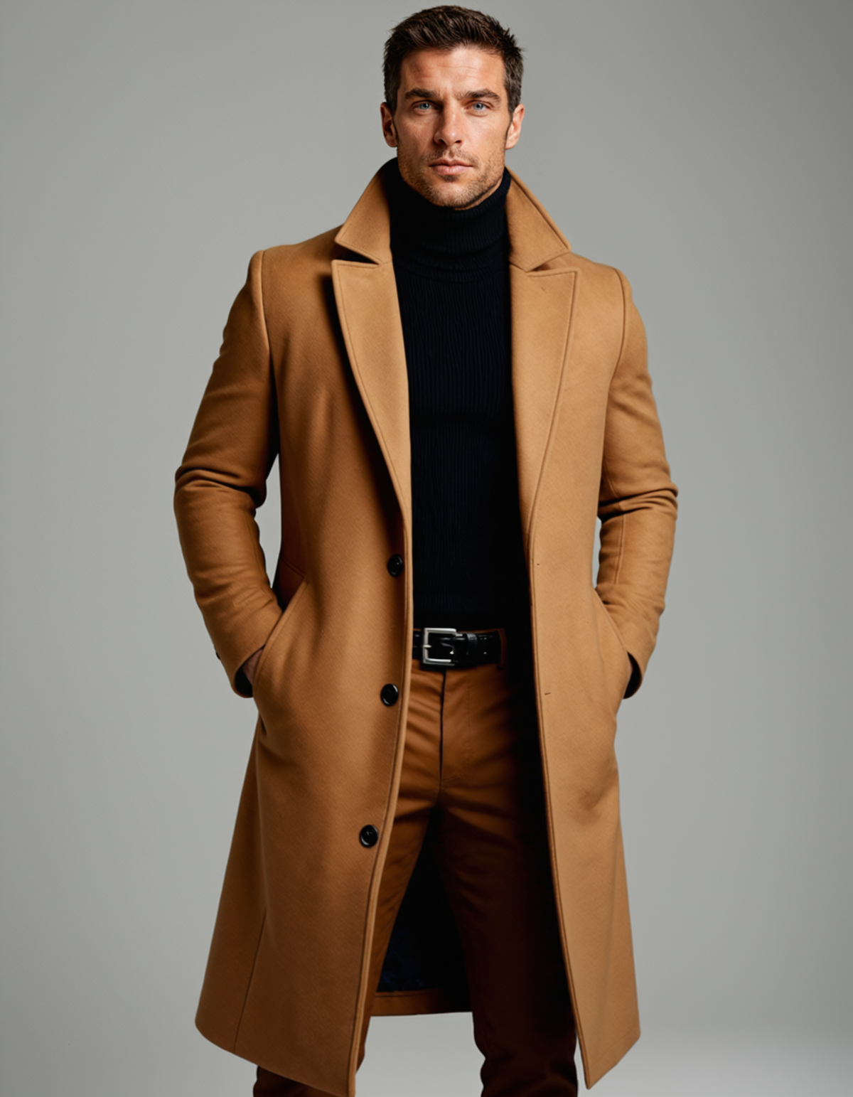 Men's long button-front overcoat with notched lapels and side pockets