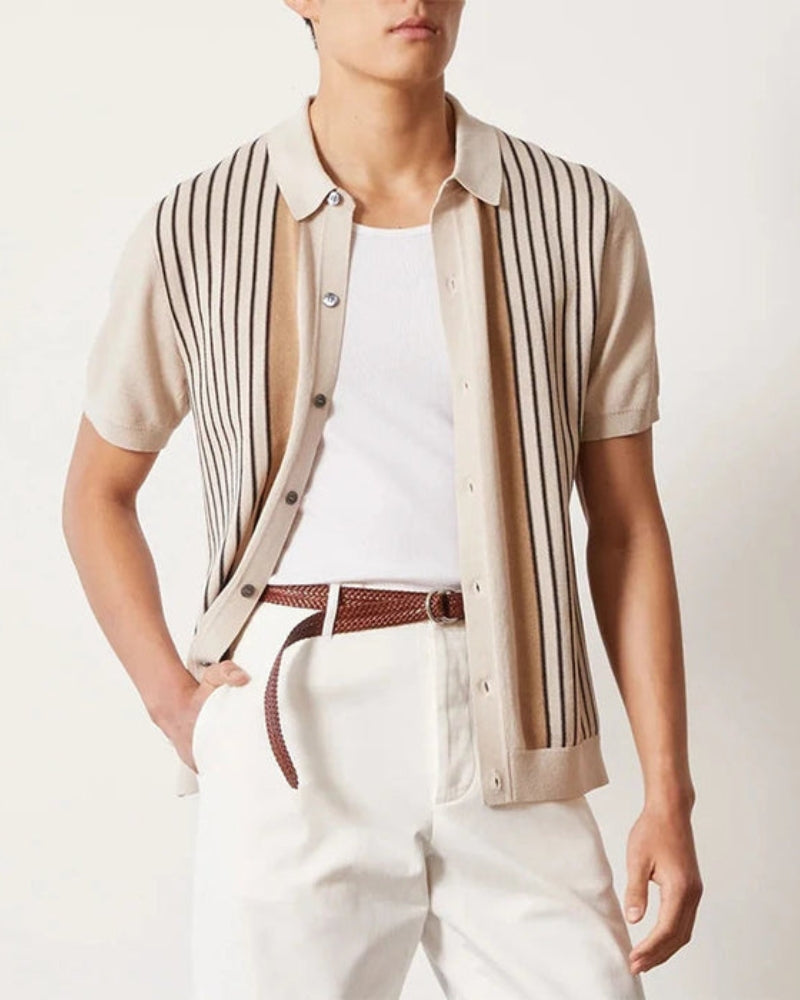 Men's cream striped knit polo shirt with short sleeves and button front