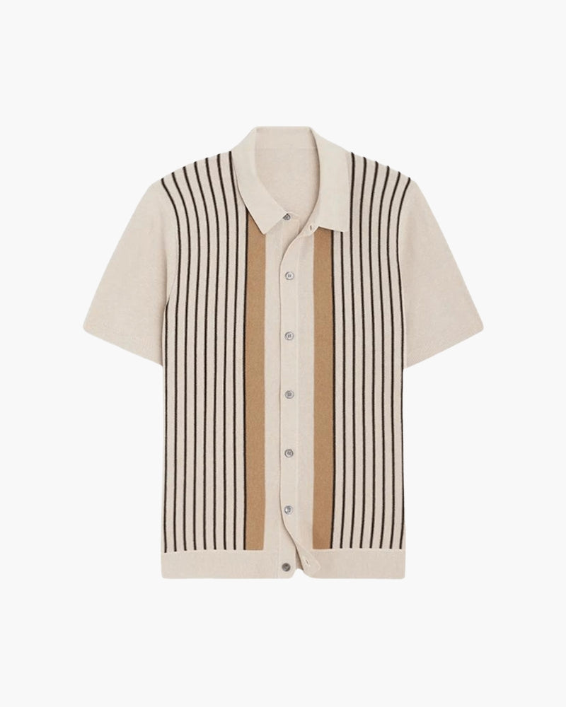 Men's cream striped knit polo shirt with short sleeves and button front