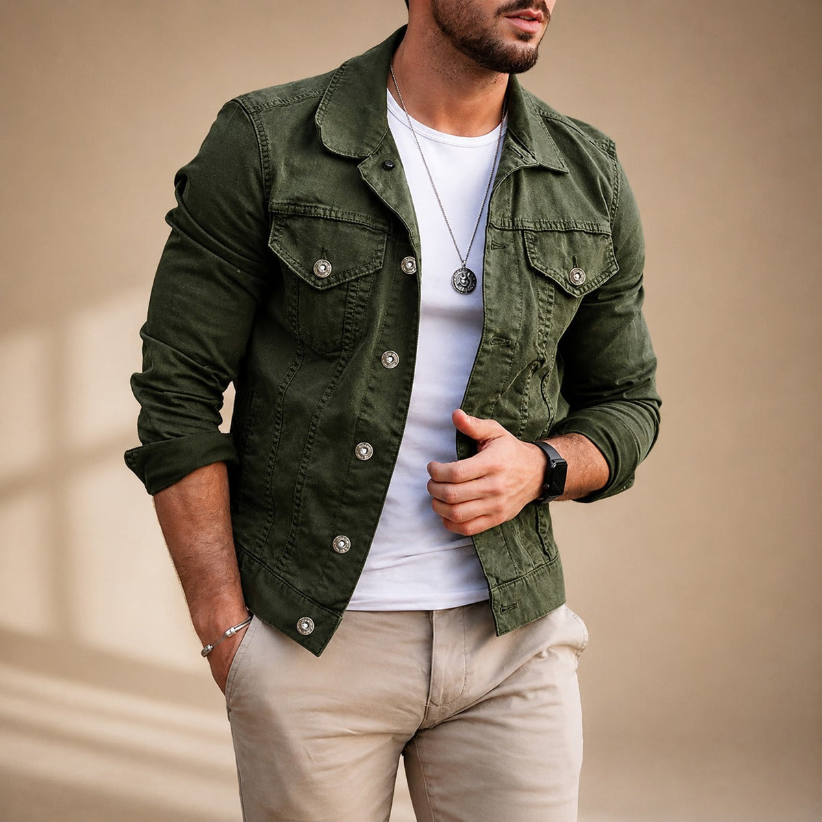 Men's collared utility jacket with long sleeves, button front and flap pockets