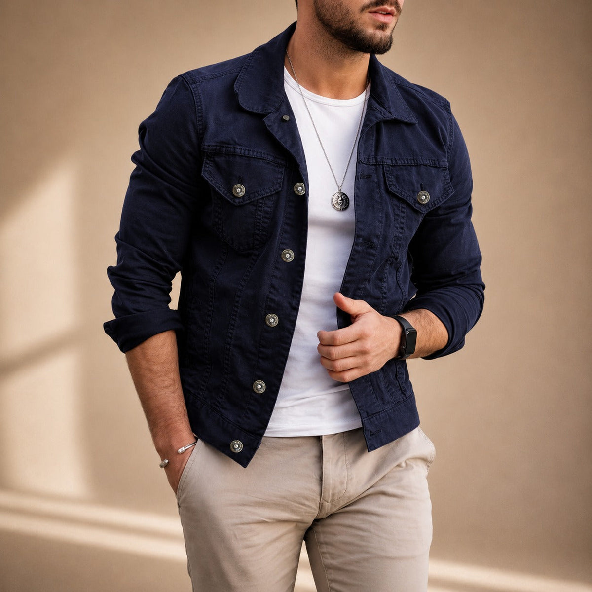 Men's collared utility jacket with long sleeves, button front and flap pockets