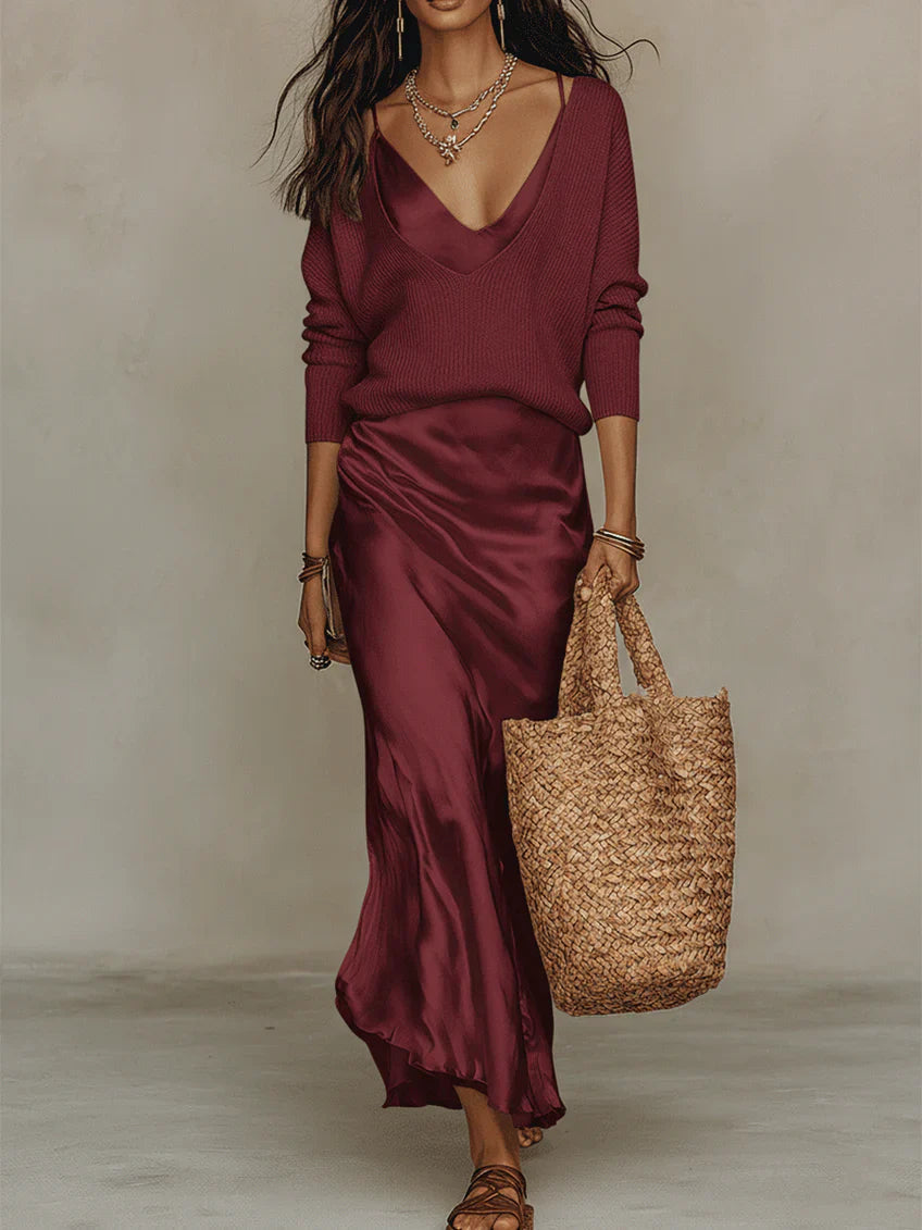 Women's V-neck midi dress with long-sleeve jumper layered over it