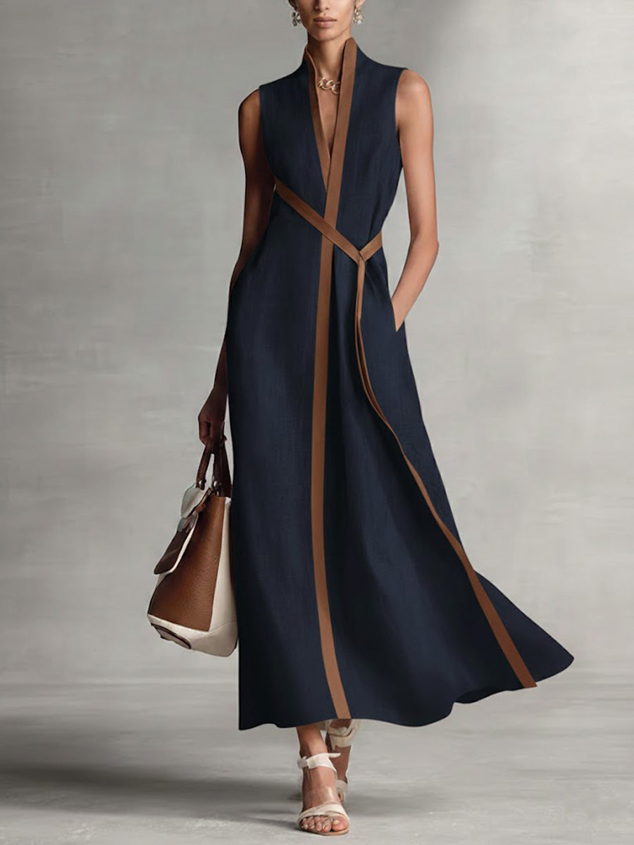 Women's Maxi Dress Sleeveless Wrap V-Neck Contrast Trim - Navy