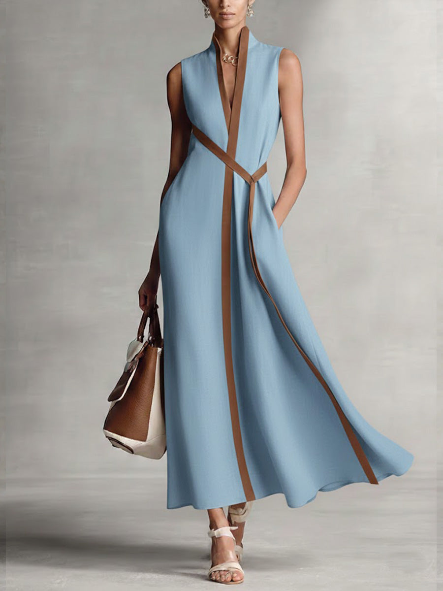Women's Maxi Dress Sleeveless Wrap V-Neck Contrast Trim - Blue