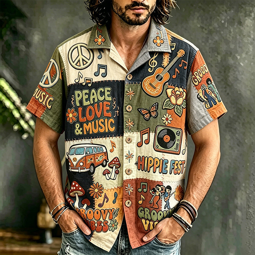 Men's short-sleeve patchwork shirt with peace, love and music illustrations