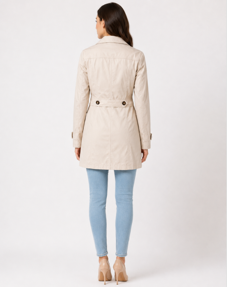 Women's short trench coat with notched lapels, button front and cuff straps