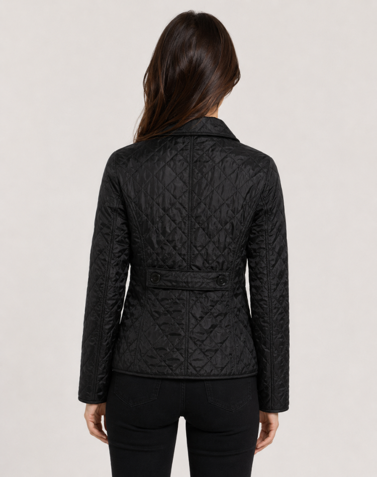 Women's diamond-quilted button-front jacket with collar and checked inner trim