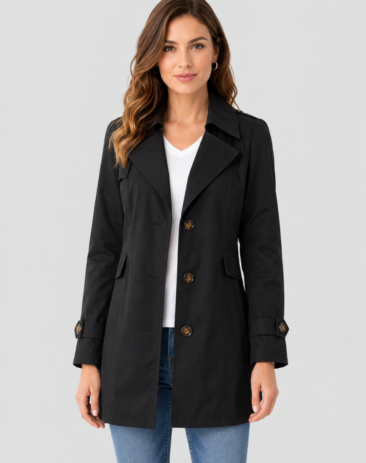 Women's short trench coat with notched lapels, button front and cuff straps
