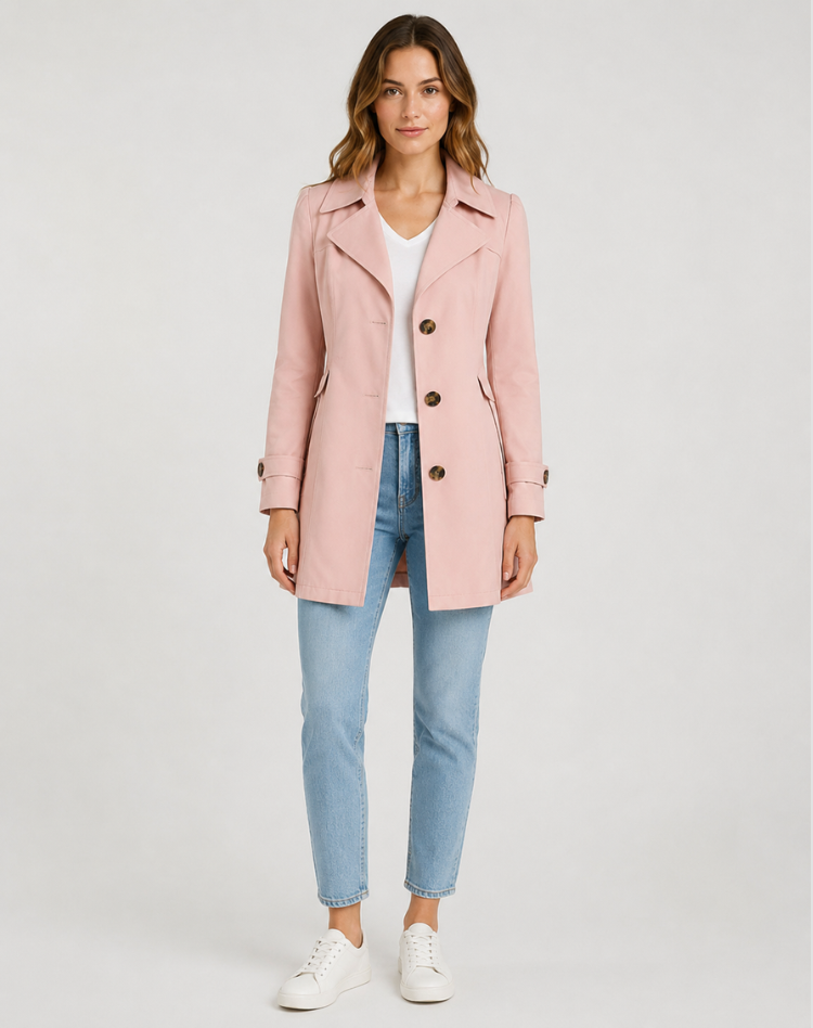 Women's short trench coat with notched lapels, button front and cuff straps