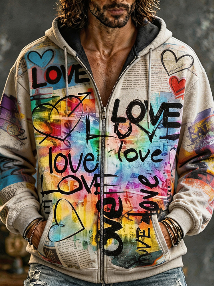 Men's colourful graffiti love graphic zip hoodie with hood and long sleeves