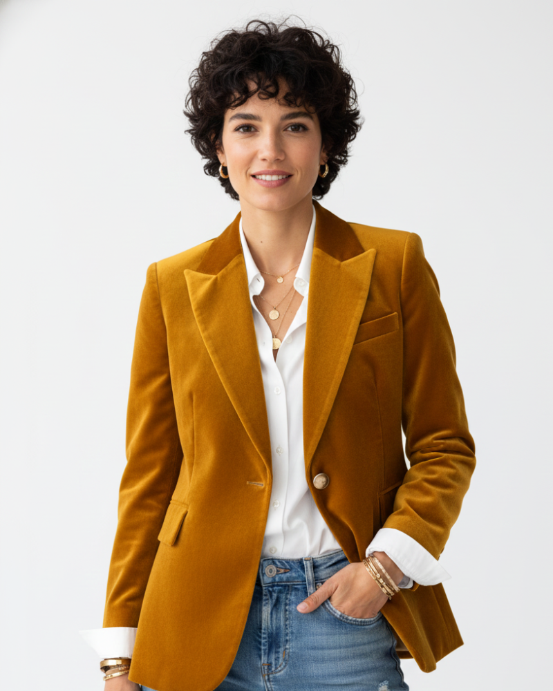 Women's velvet blazer with notched lapels and single-button front