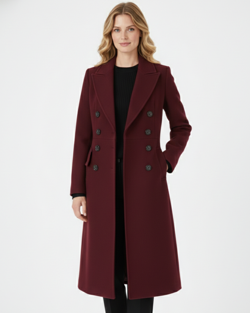 Women's deep red long double-breasted coat with notch lapels and slanted pockets