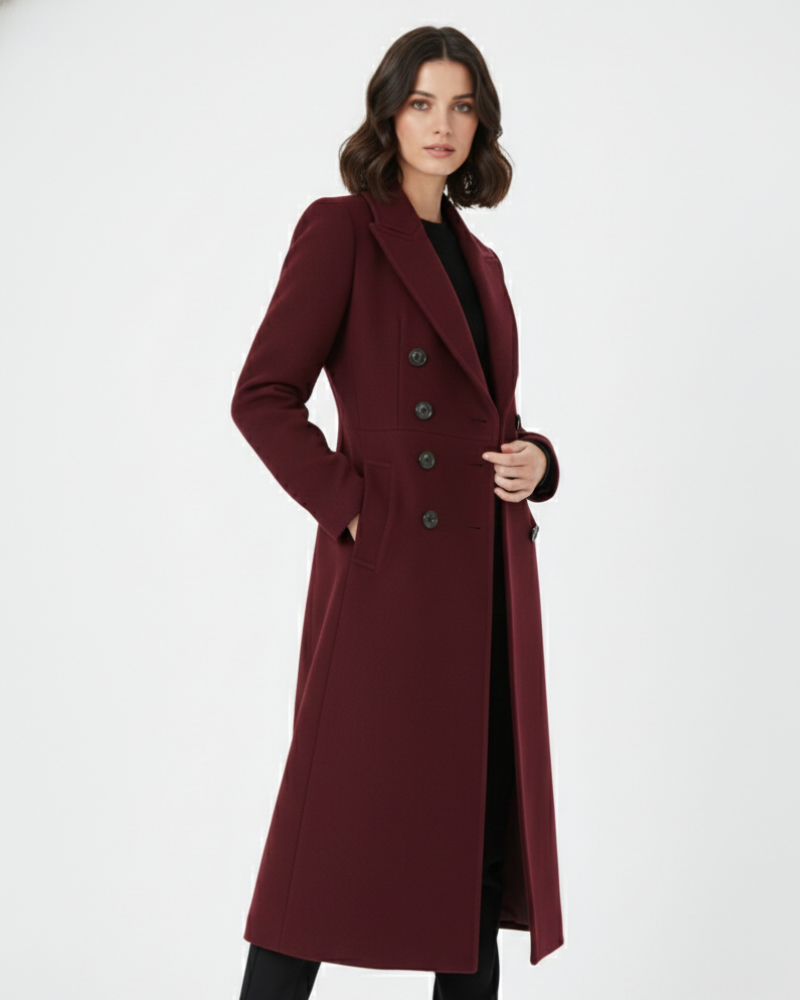 Women's deep red long double-breasted coat with notch lapels and slanted pockets