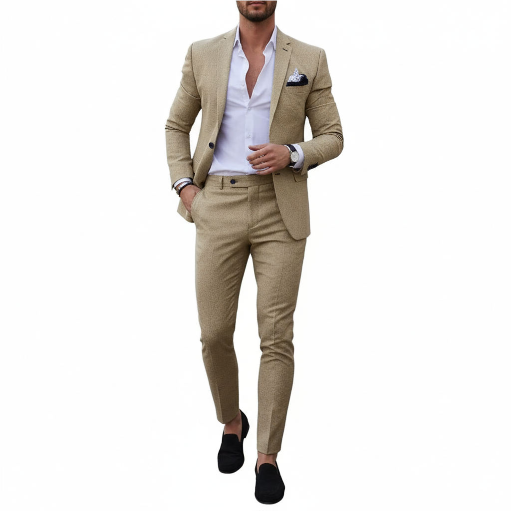 Men's tailored textured suit with notch lapel, long sleeves and matching trousers