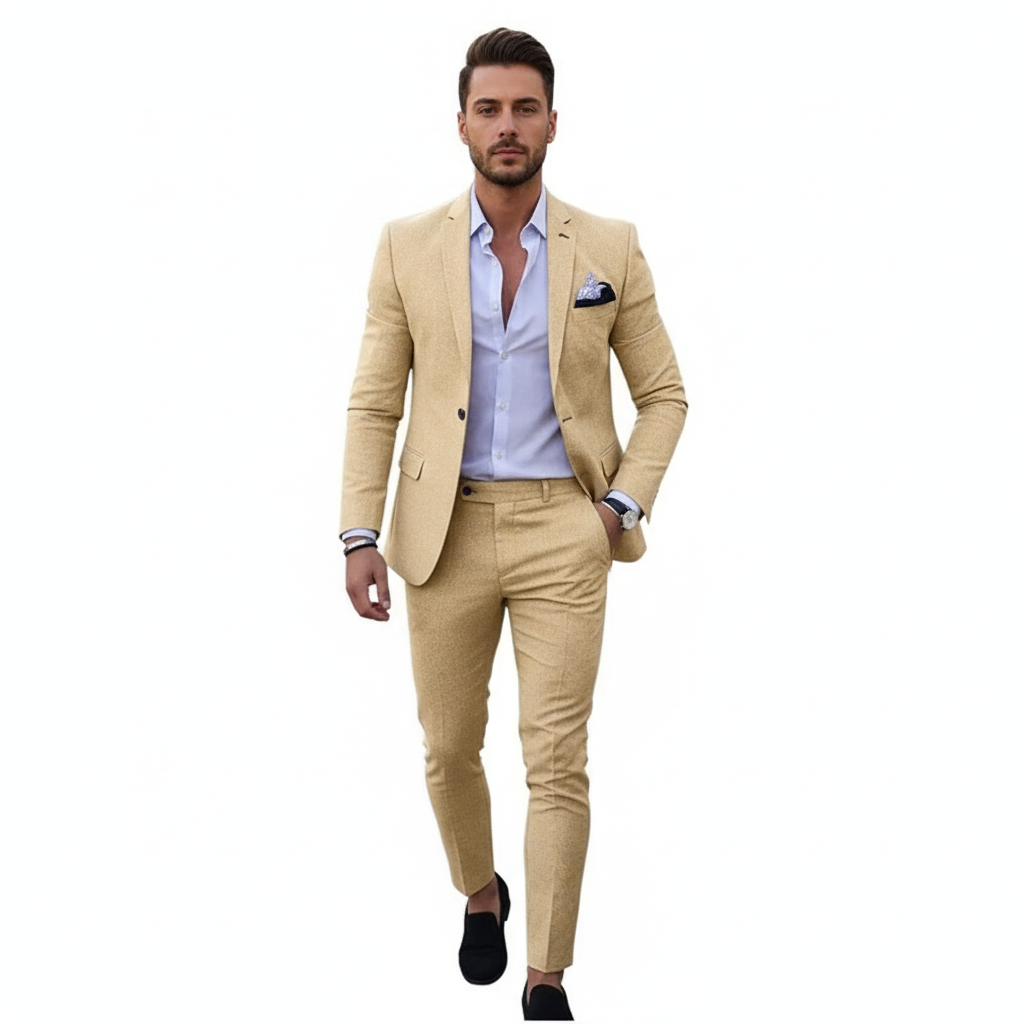 Men's tailored textured suit with notch lapel, long sleeves and matching trousers