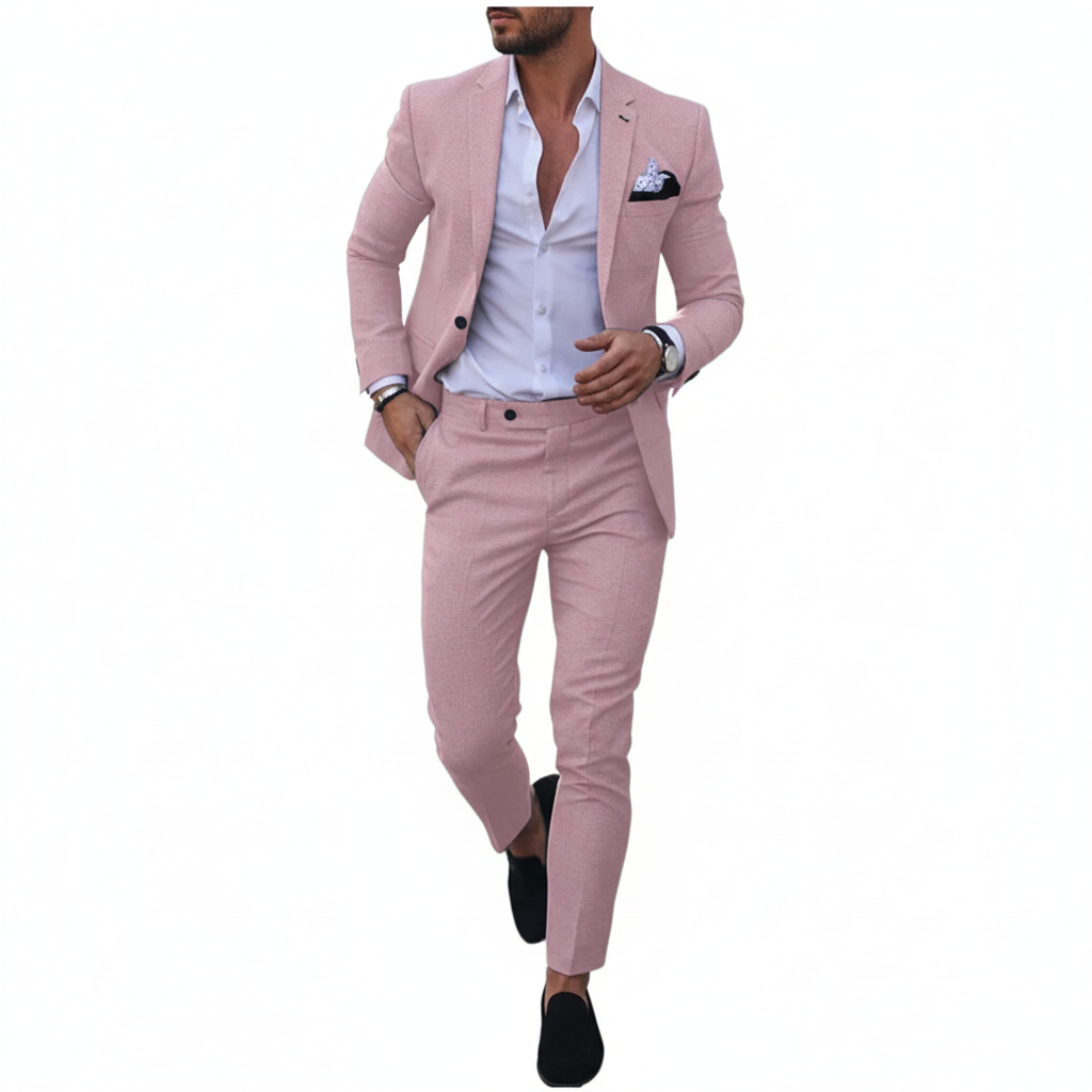 Men's tailored textured suit with notch lapel, long sleeves and matching trousers