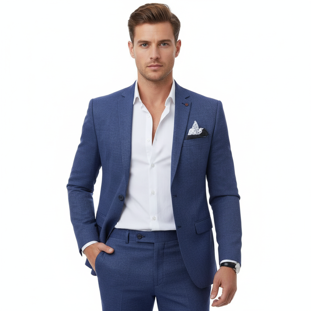 Men's tailored textured suit with notch lapel, long sleeves and matching trousers
