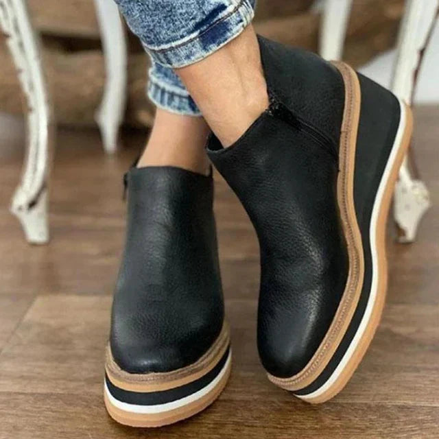 Women's ankle boots with rounded toes, side zips and raised wedge-style soles