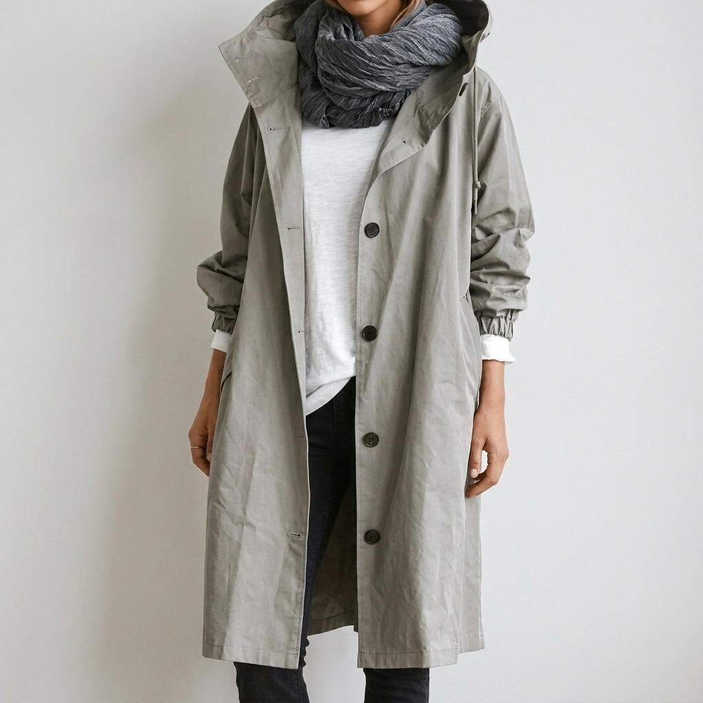 Women's hooded longline trench coat with button front and gathered cuffs