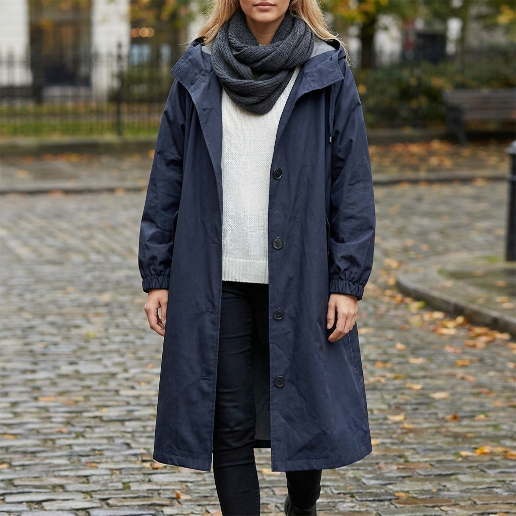 Women's hooded longline trench coat with button front and gathered cuffs