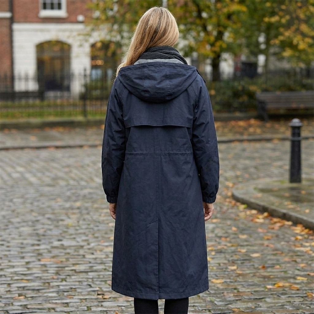 Women's hooded longline trench coat with button front and gathered cuffs