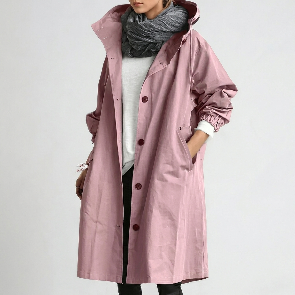 Women's hooded longline trench coat with button front and gathered cuffs