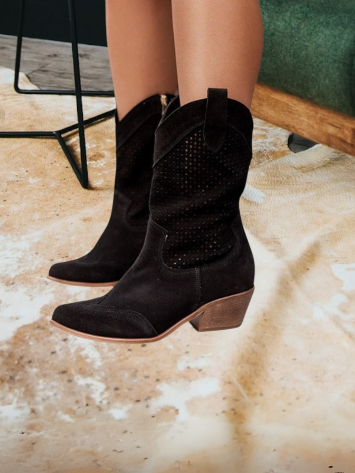 Women's western boots with pointed toes, perforated panels and low block heels