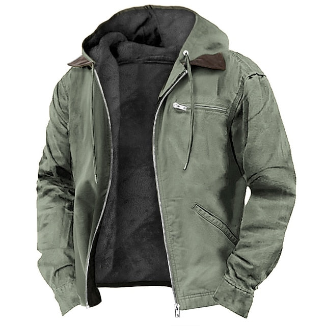 Men's hooded utility jacket with zip front and multiple pockets