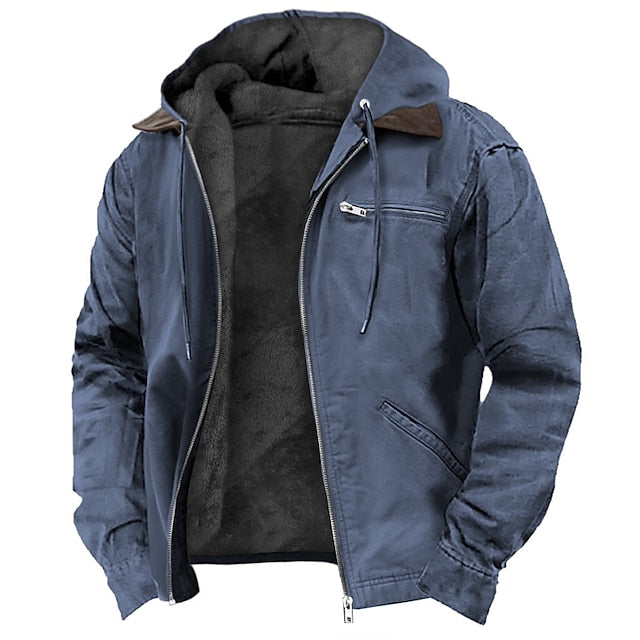 Men's hooded utility jacket with zip front and multiple pockets