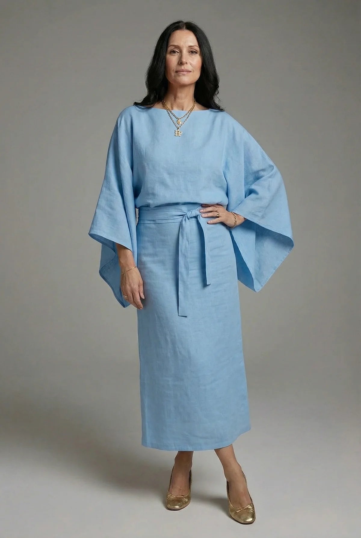 Women’s Kimono Sleeve Tie Waist Midi Dress