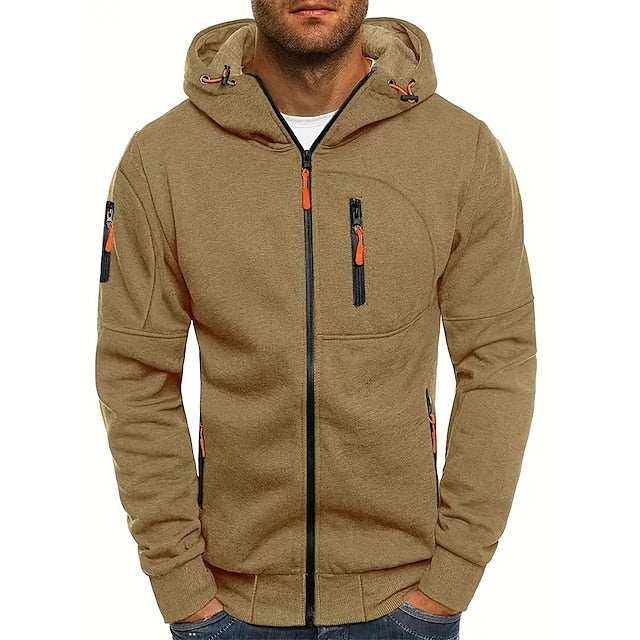 Men's zip-up hoodie with drawstring hood and zipped pockets